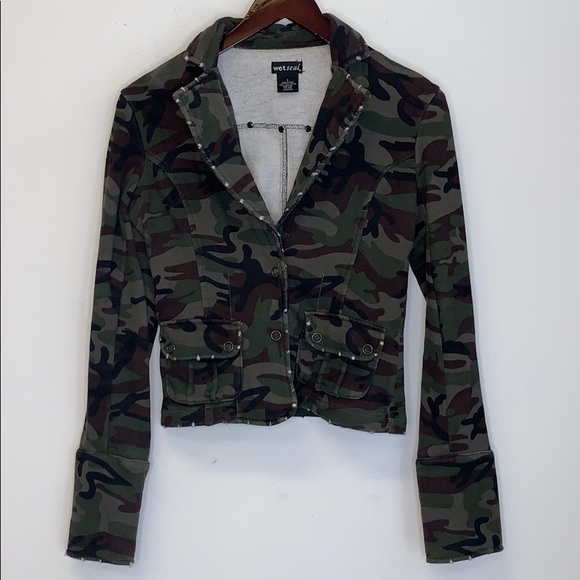 WET SEAL Distressed Camo Print Snap Button Crop Blazer Jacket VINTAGE Y2K S - Picture 2 of 8